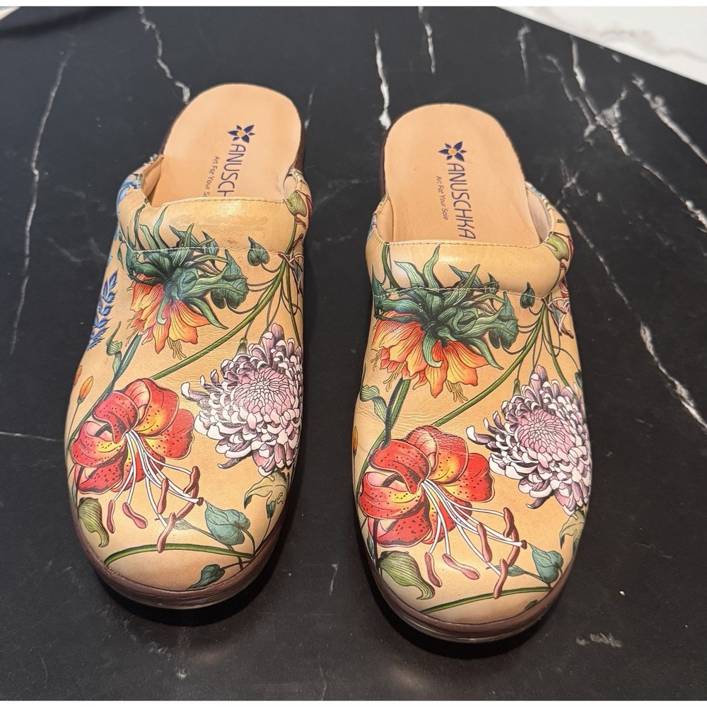 Anuschka Floral Leather Slip-On Wedge Slides Rebecca Tan Sandals US 8 Clogs EUC